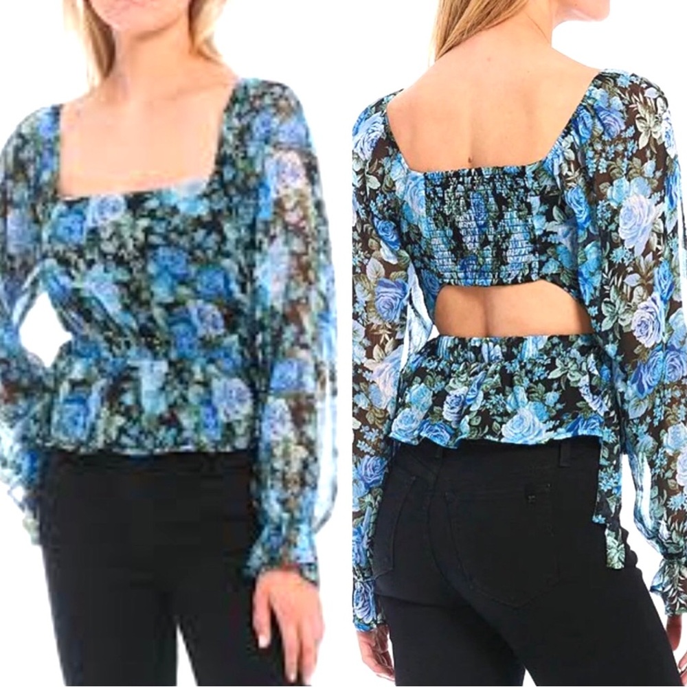 WAYF Top Blouse Sz XS Blue Rose Floral Square Neck Long Sleeve Open Back